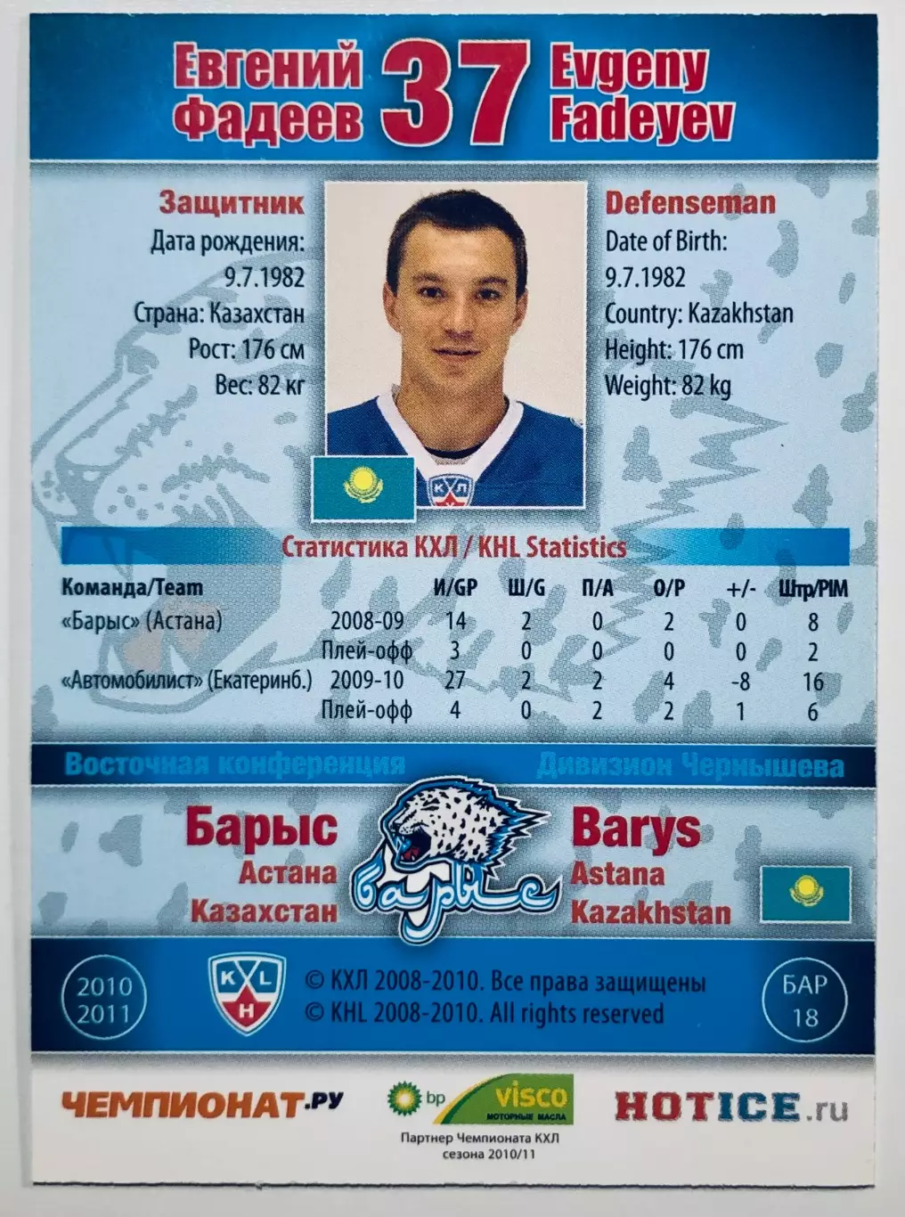 Карточка Евгений Фадеев ХК Барыс Астана 1
