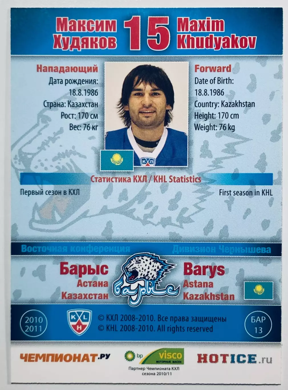 Карточка Максим Худяков ХК Барыс Астана 1