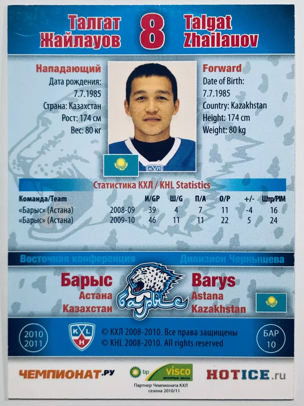 Карточка Талгат Жайлауов ХК Барыс Астана 1