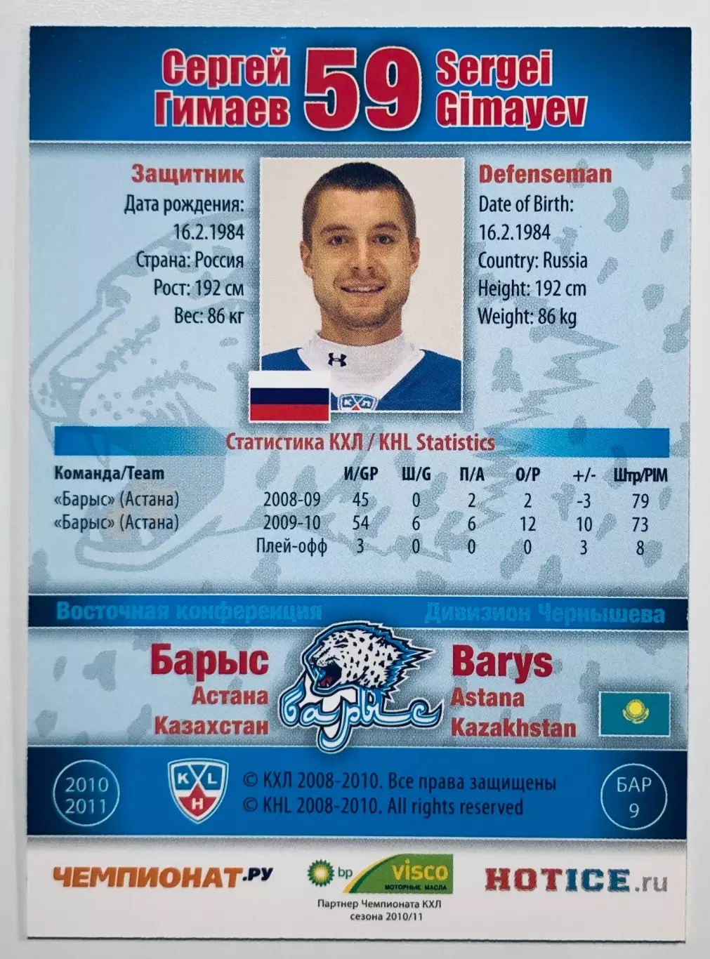 Карточка Сергей Гимаев ХК Барыс Астана 1