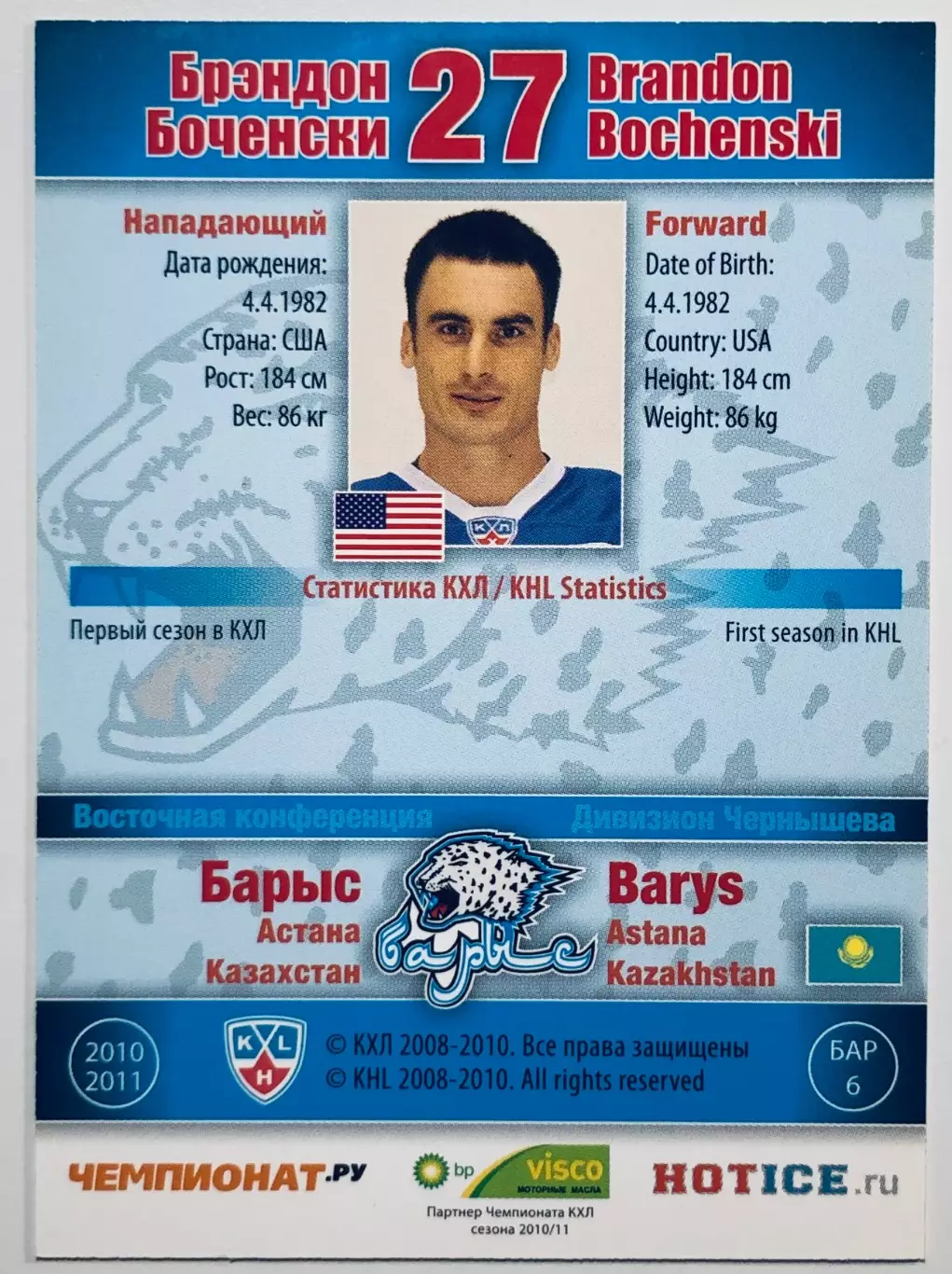Карточка Брэндон Боченски ХК ”Барыс“ Астана 1