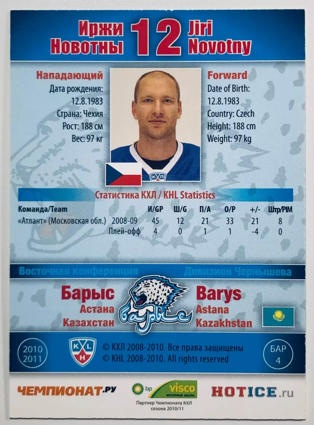 Карточка Иржи Новотны ХК ”Барыс“ Астана 1