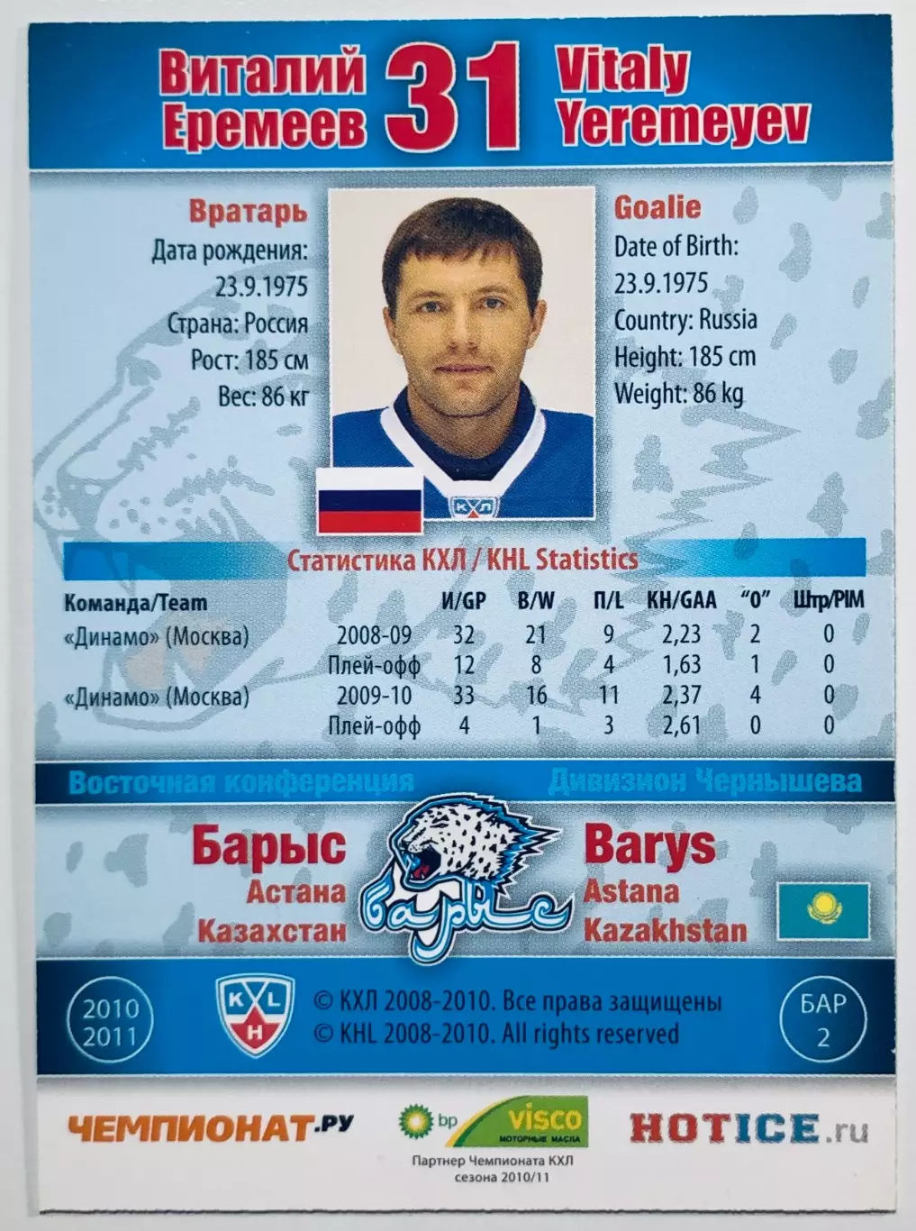 Карточка Виталий Еремеев ХК Барыс Астана 1