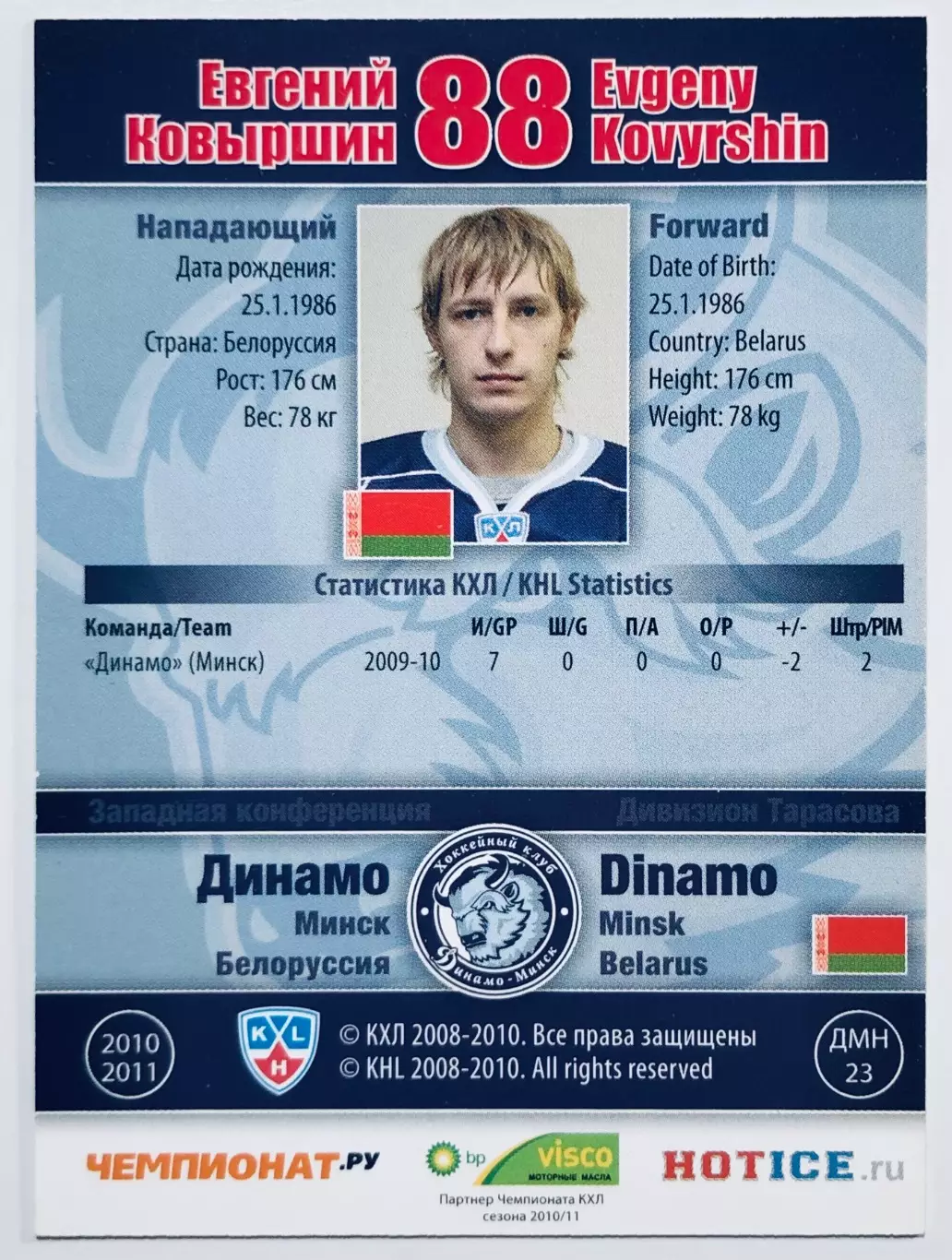 Карточка Евгений Ковыршин ХК Динамо Минск 1