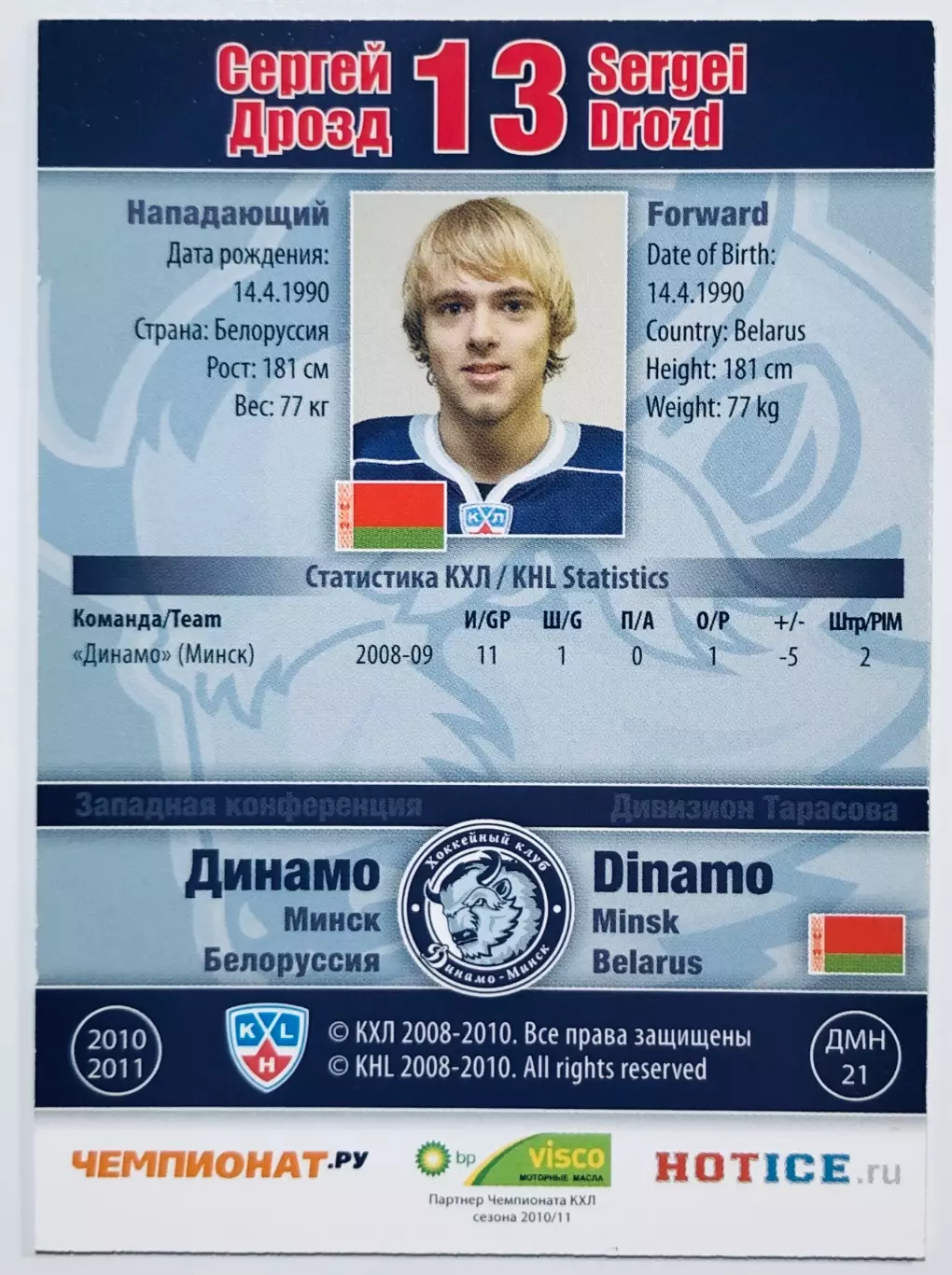 Карточка Сергей Дрозд ХК Динамо Минск 1