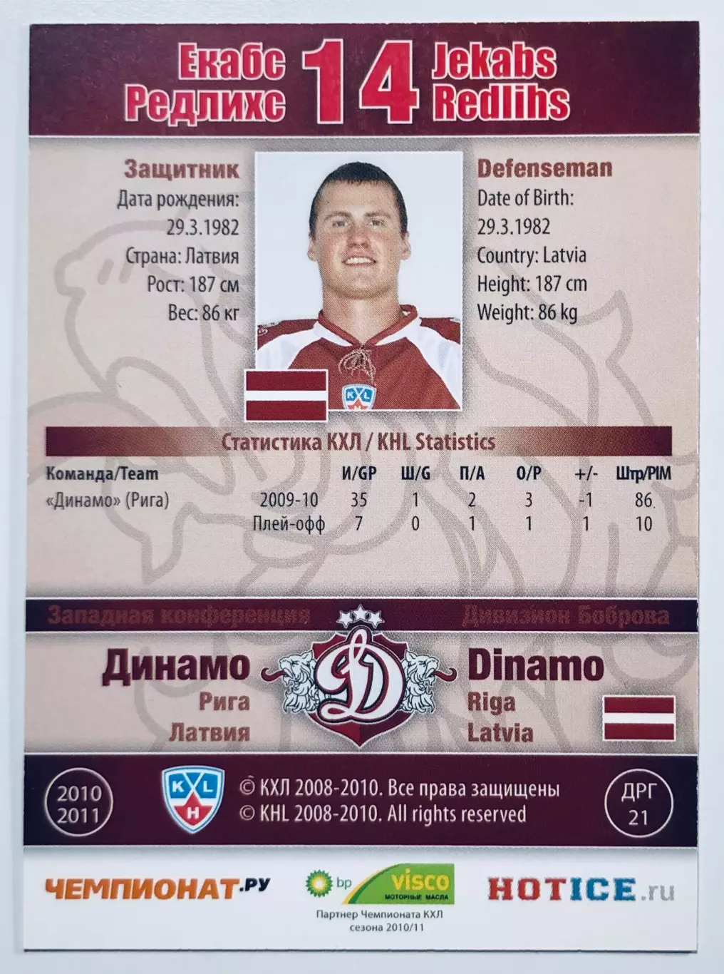 Карточка Екабс Редлихс ХК Динамо Рига 1