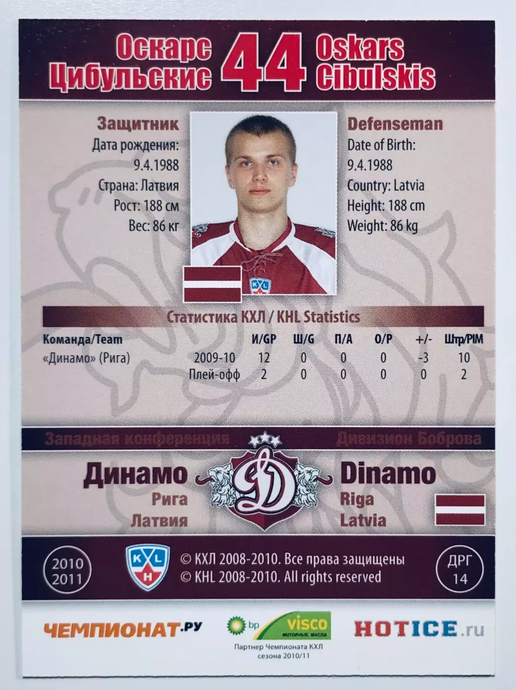 Карточка Оскарс Цибульскис ХК Динамо Рига 1