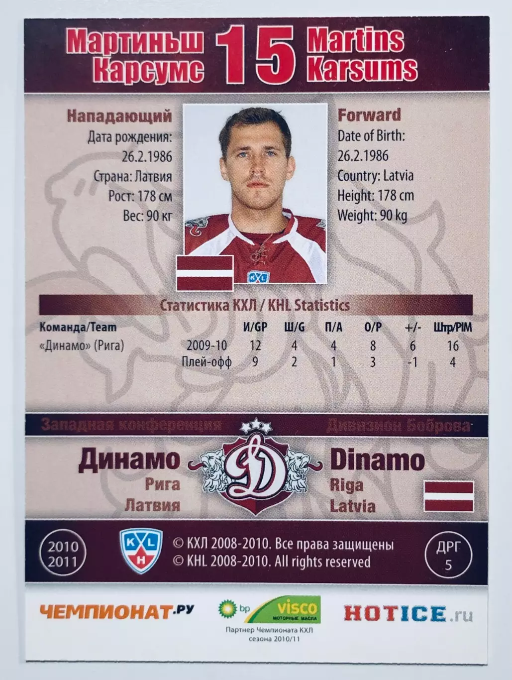 Карточка Мартиньш Карсумс ХК Динамо Рига 1