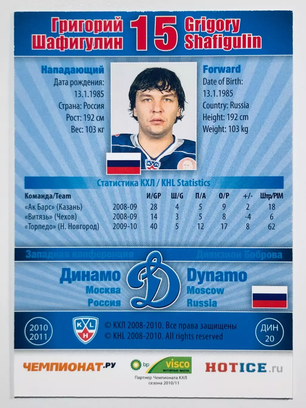 Карточка Григорий Шафигулин ХК Динамо Москва 1