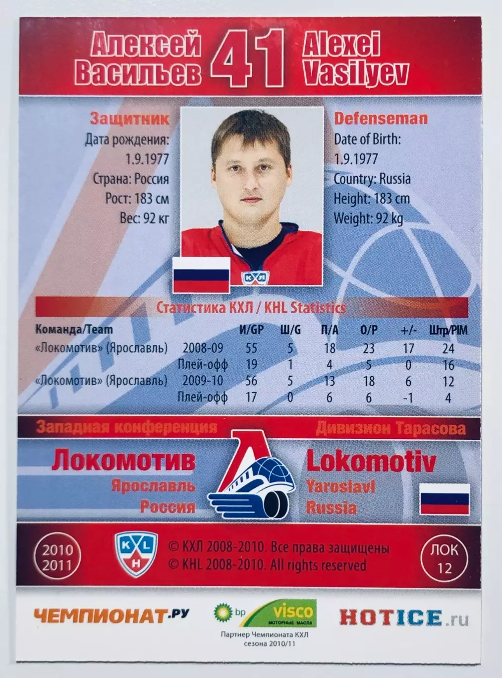 Карточка Алексей Васильев ХК Локомотив Ярославль 1