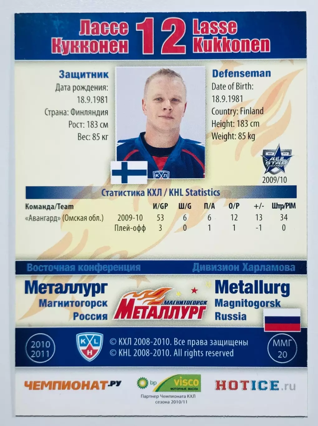 Карточка Лассе Кукконен ХК Металлург Магнитогорск 1
