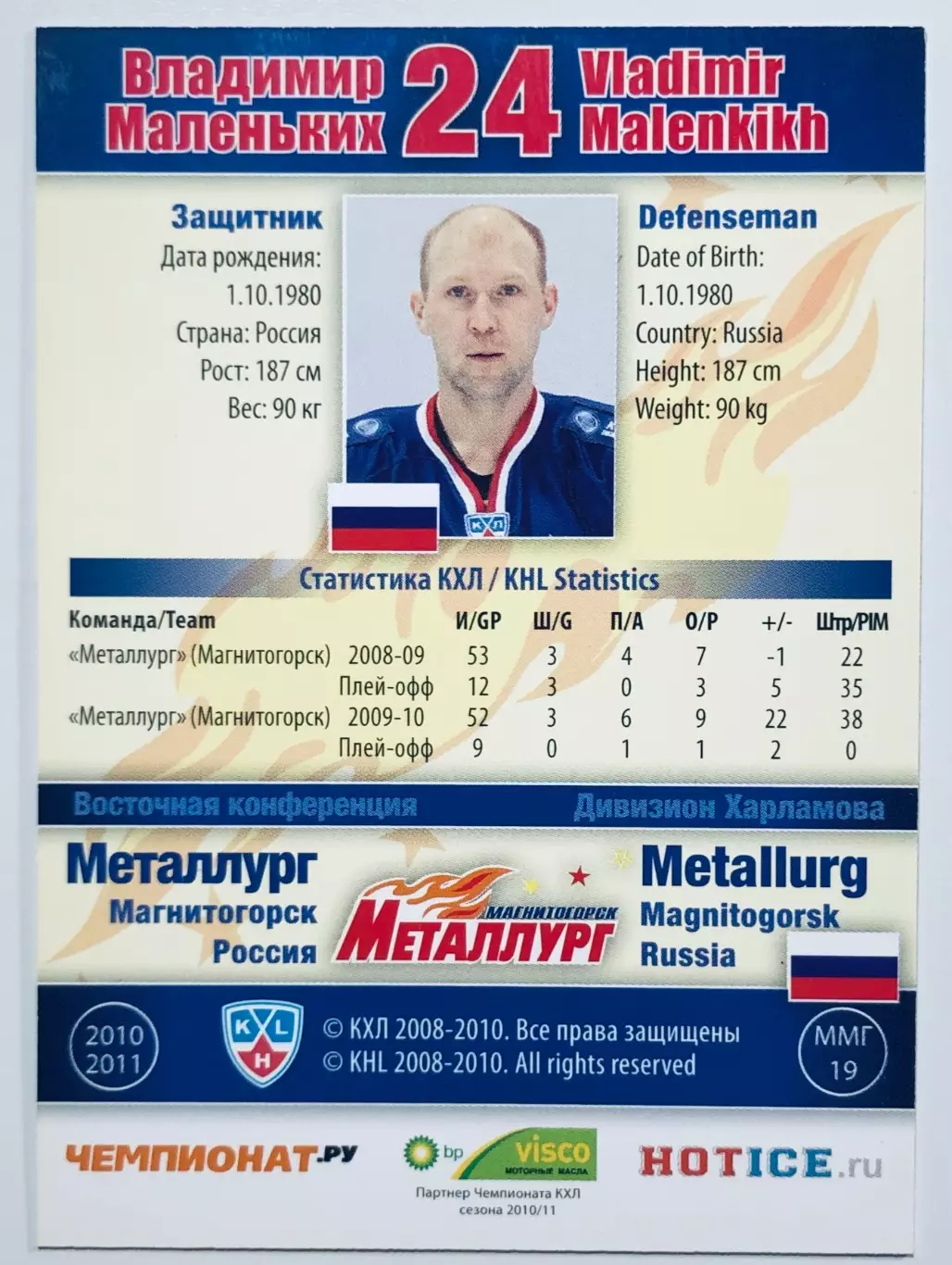 Карточка Владимир Маленьких ХК Металлург Магнитогорск 1