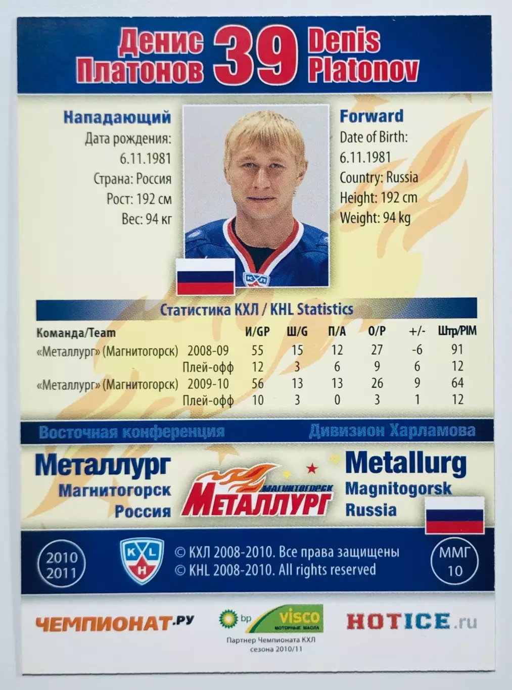 Карточка Денис Платонов ХК Металлург Магнитогорск 1