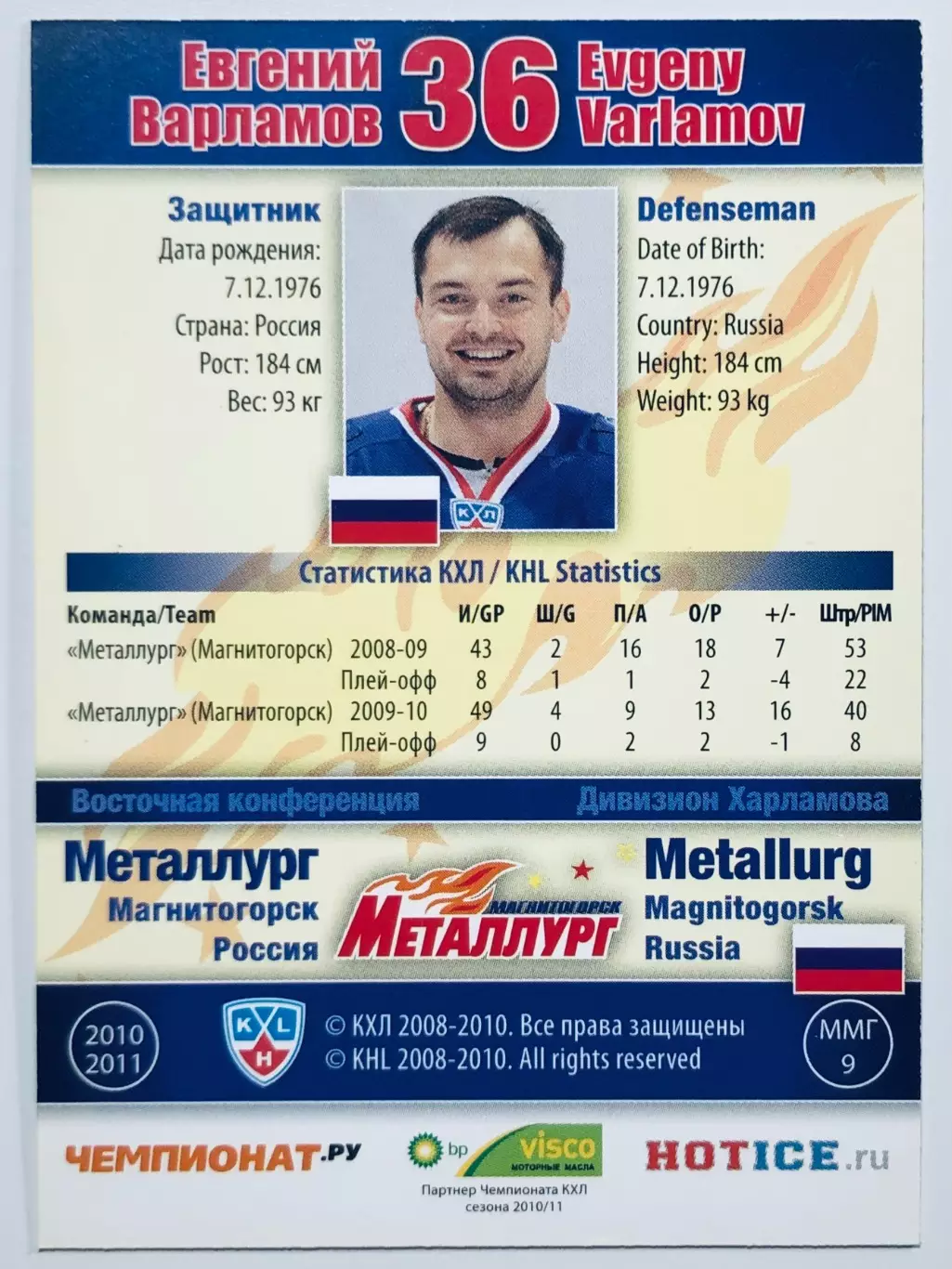 Карточка Евгений Варламов ХК Металлург Магнитогорск 1