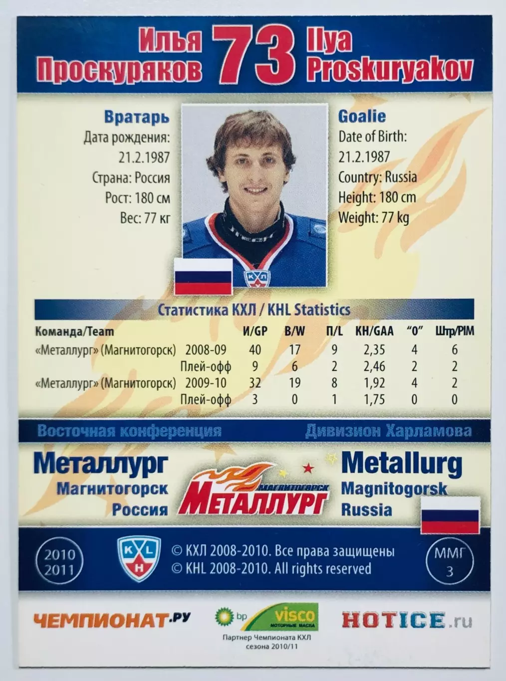 Карточка Илья Проскуряков ХК Металлург Магнитогорск 1