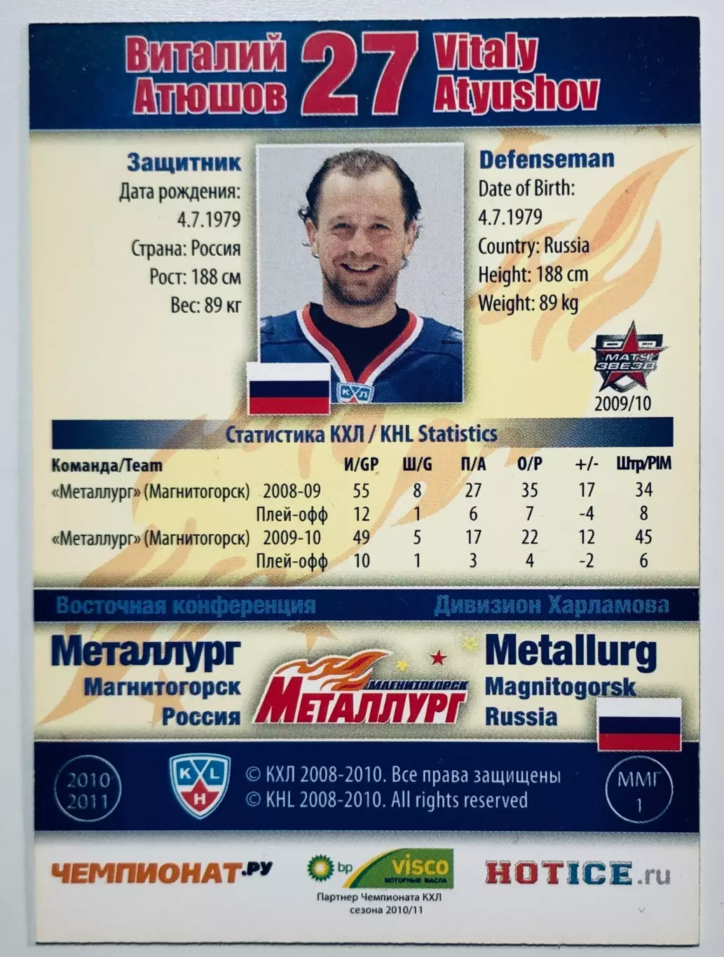 Карточка Виталий Атюшов ХК Металлург Магнитогорск 1