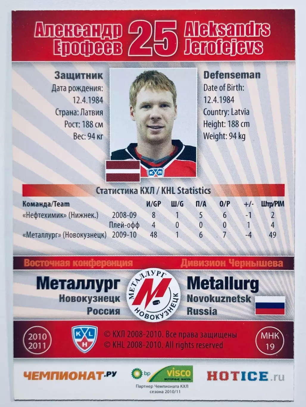 Карточка Александр Ерофеев ХК Металлург Новокузнецк 1