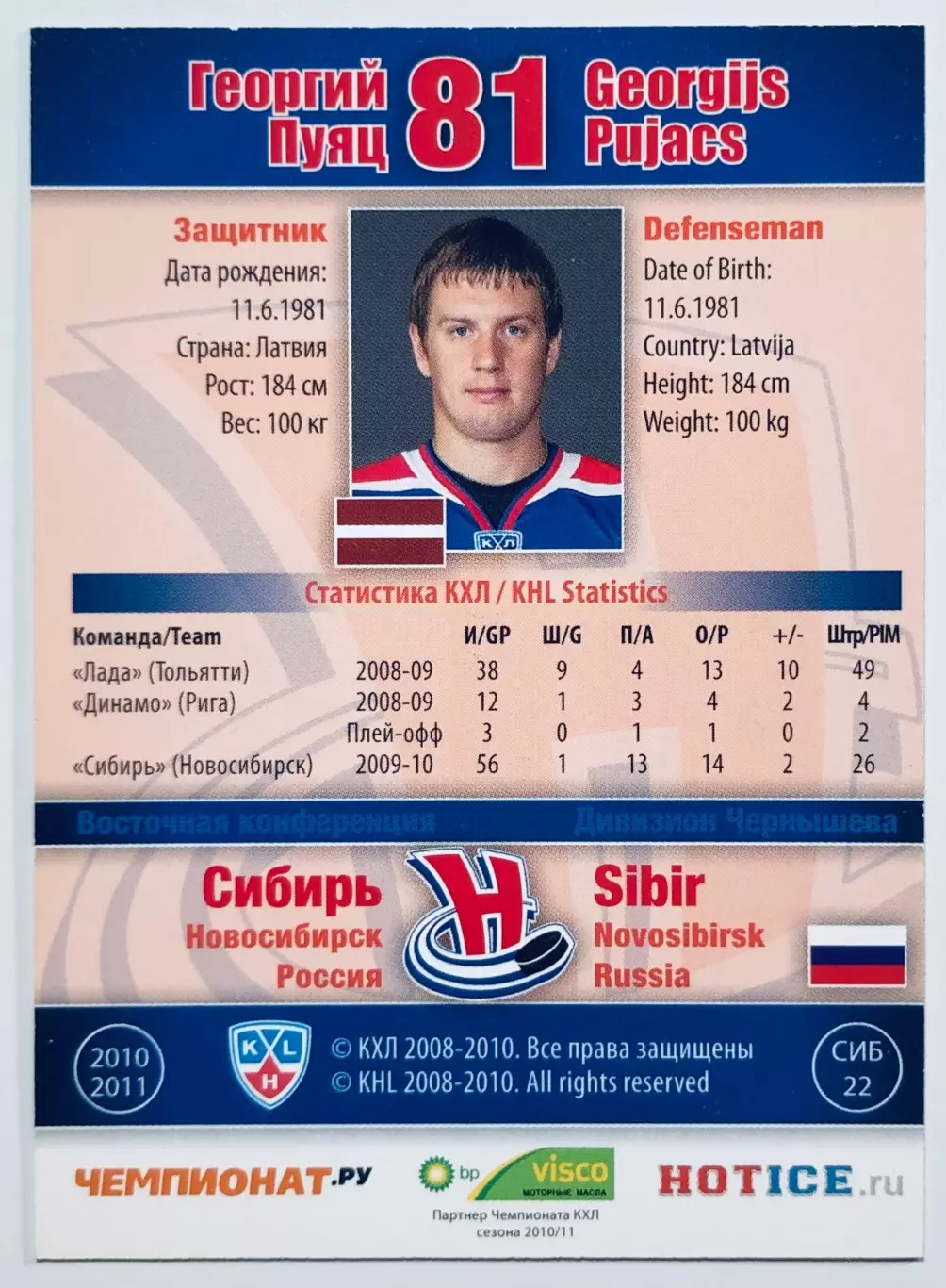 Карточка Георгий Пуяц ХК Сибирь Новосибирск 1