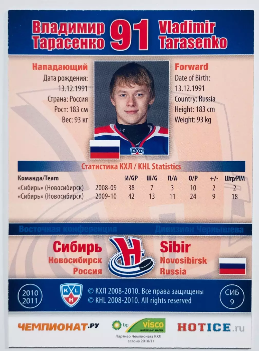 Карточка Владимир Тарасенко ХК Сибирь Новосибирск 1