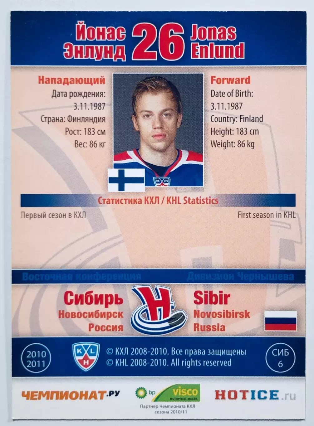 Карточка Йонас Энлунд ХК Сибирь Новосибирск 1