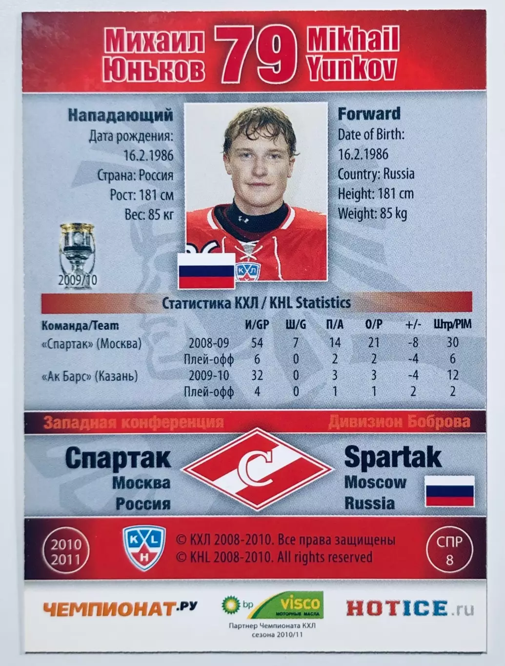 Карточка Михаил Юньков ХК Спартак Москва 1