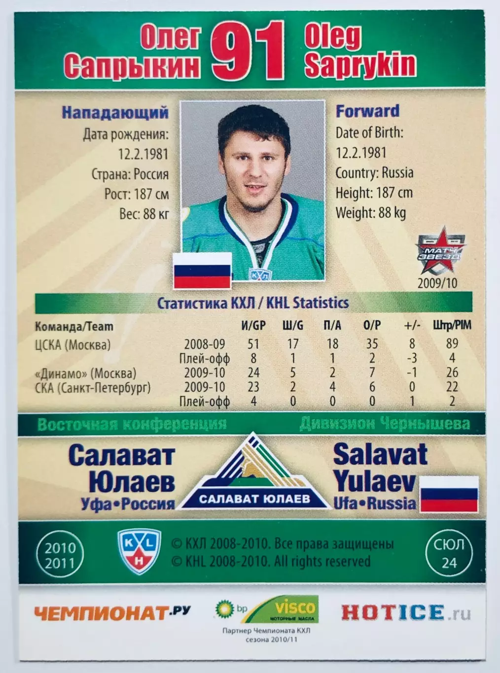 Карточка Олег Сапрыкин ХК Салават Юлаев Уфа 1