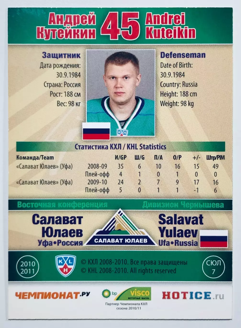 Карточка Андрей Кутейкин ХК Салават Юлаев Уфа 1