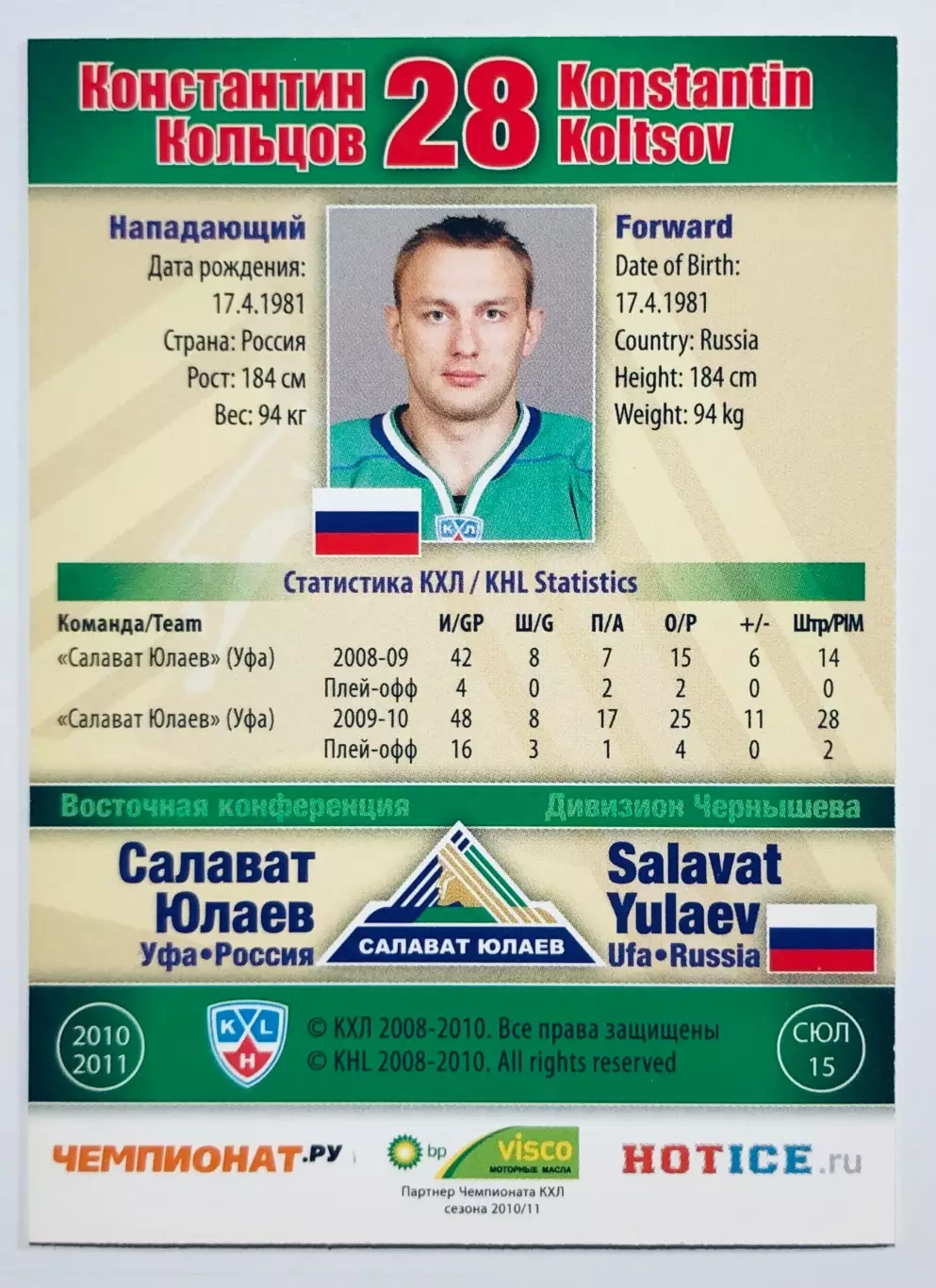 Карточка Константин Кольцов ХК Салават Юлаев Уфа 1