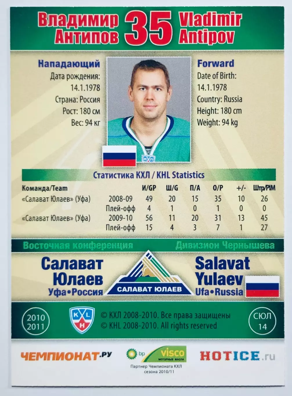 Карточка Владимир Антипов ХК Салават Юлаев Уфа 1