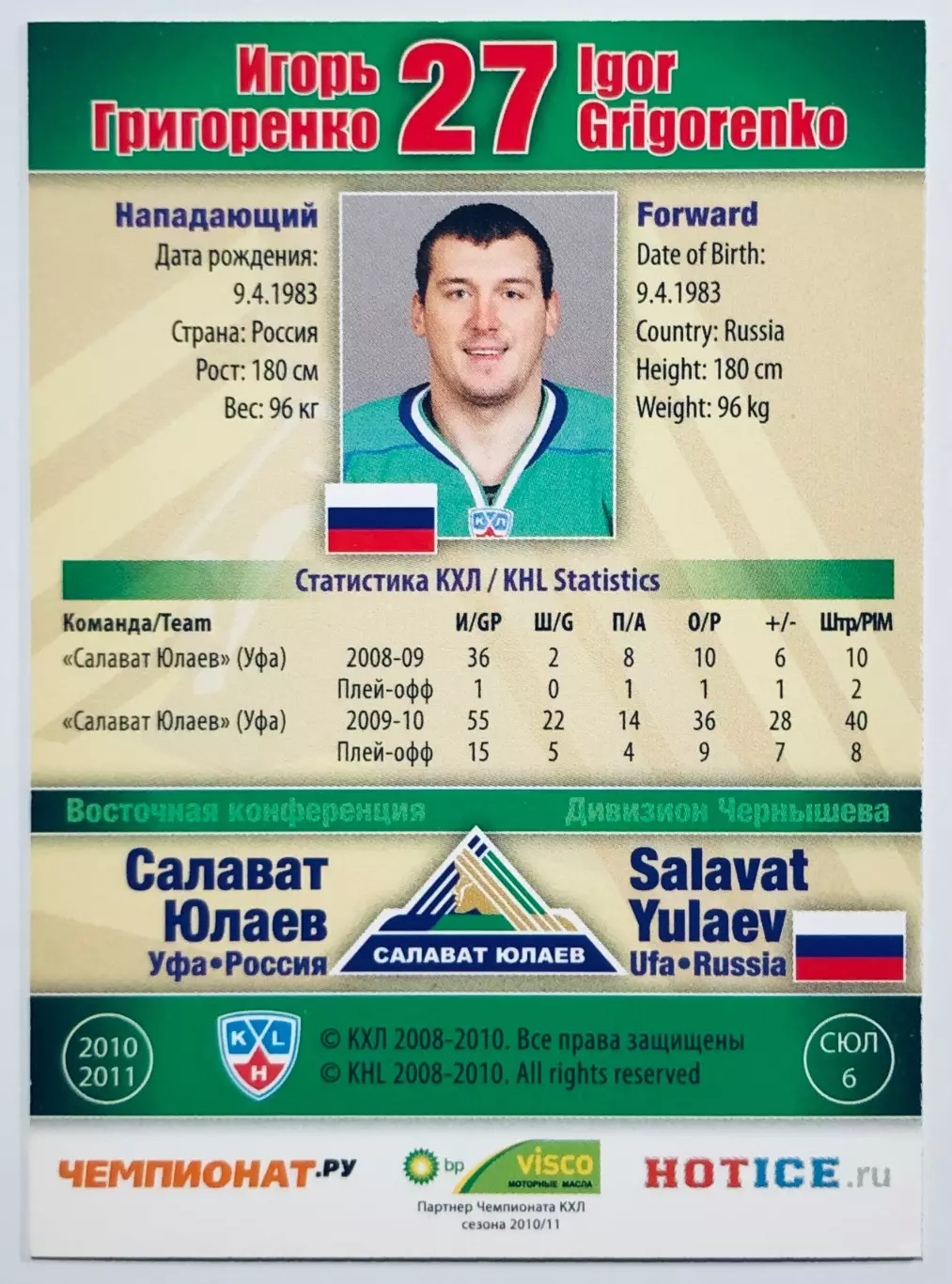 Карточка Игорь Григоренко ХК Салават Юлаев Уфа 1