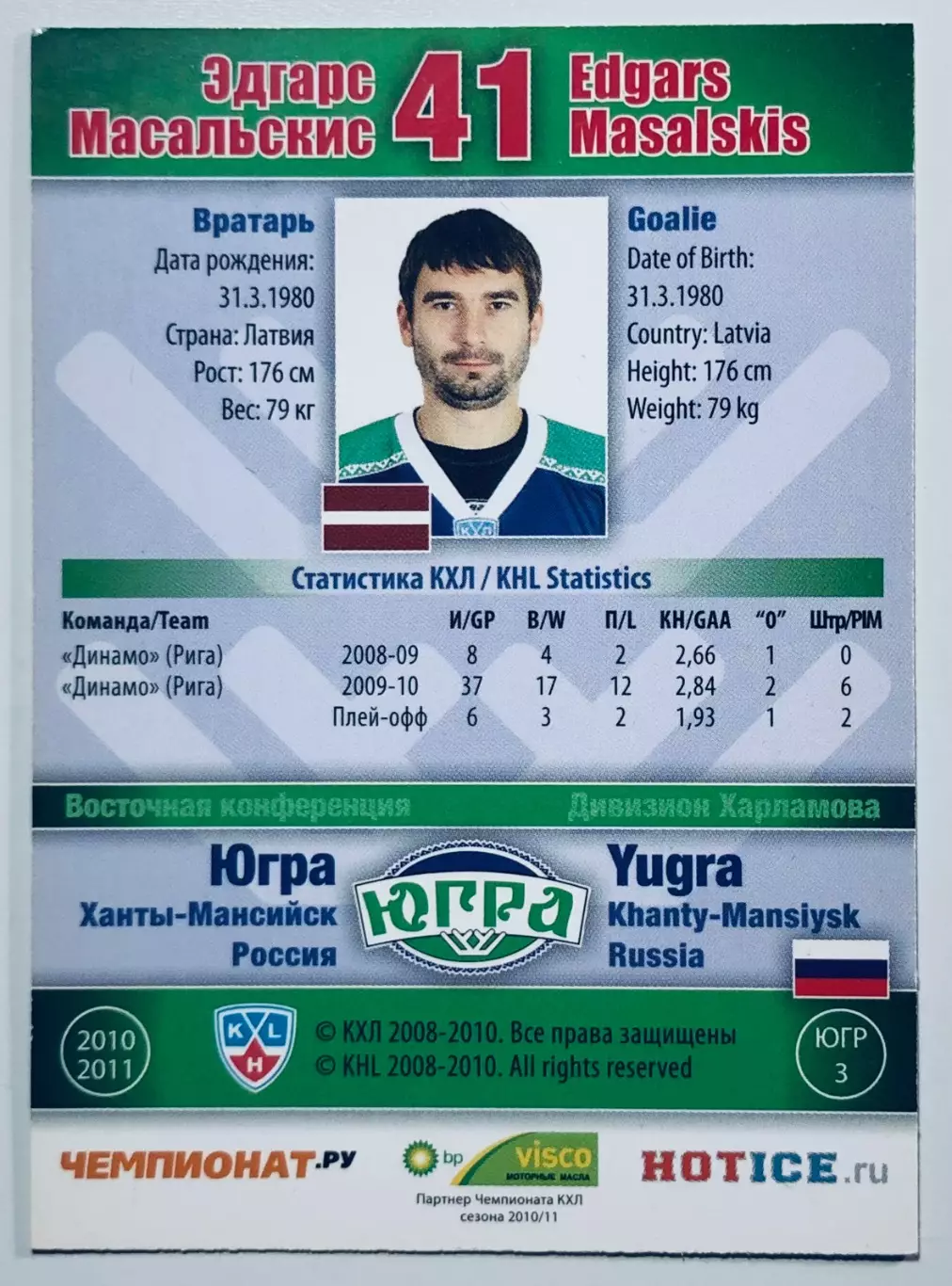 Карточка Эдгарс Масальскис ХК Югра Ханты-Мансийск 1