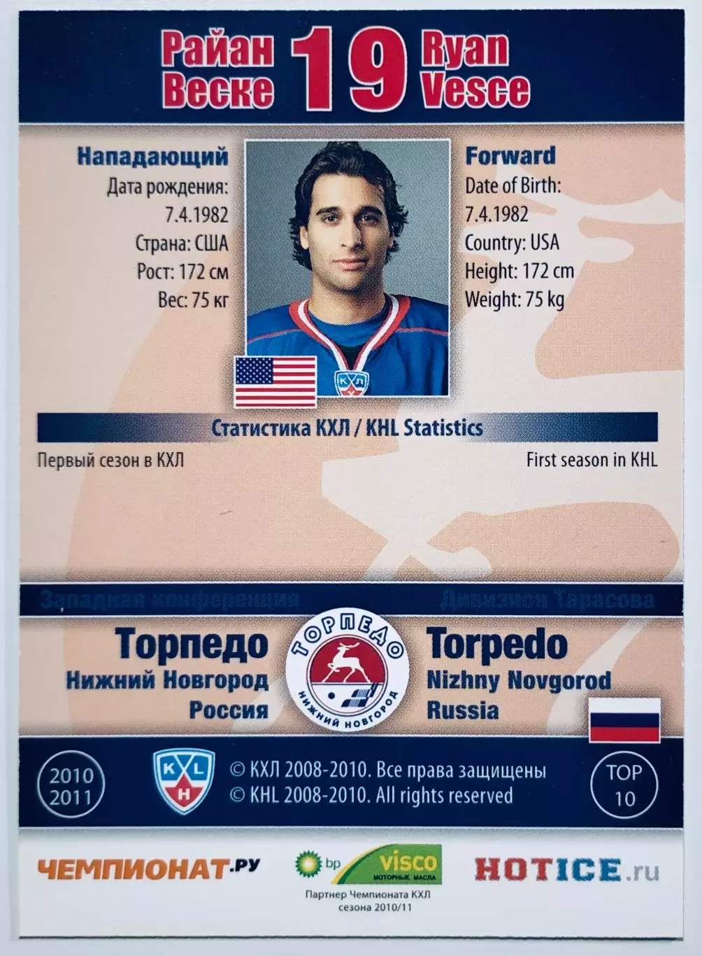Карточка Райан Веске ХК Торпедо НН 1