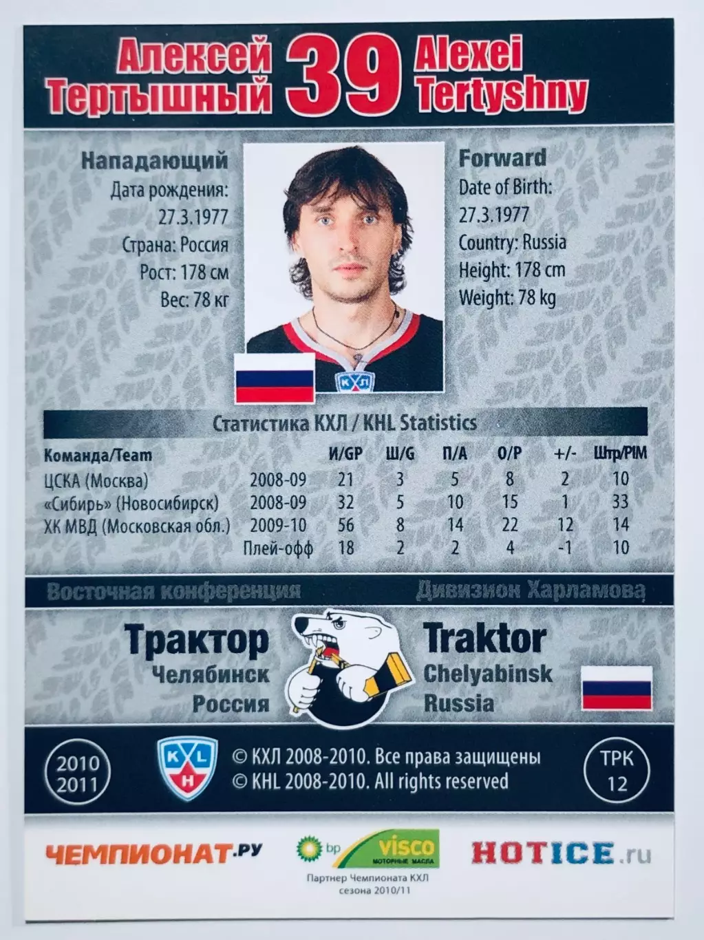 Карточка Алексей Тертышный ХК Трактор Челябинск 1