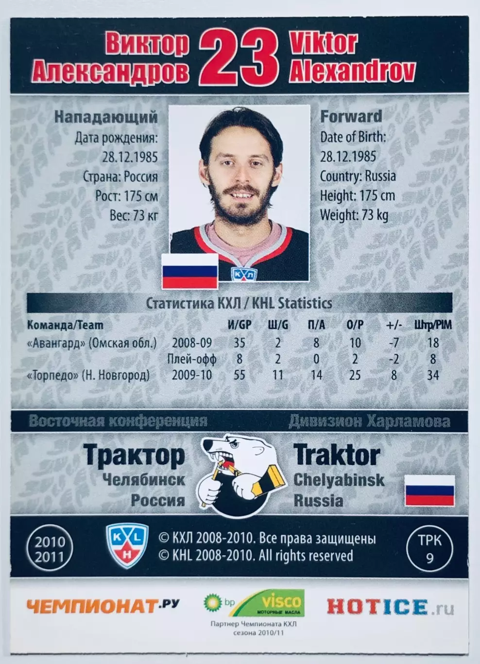 Карточка Виктор Александров ХК Трактор Челябинск 1