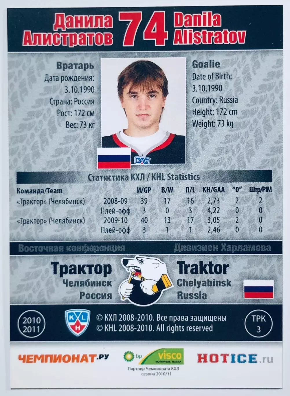 Карточка Данила Алистратов ХК Трактор Челябинск 1