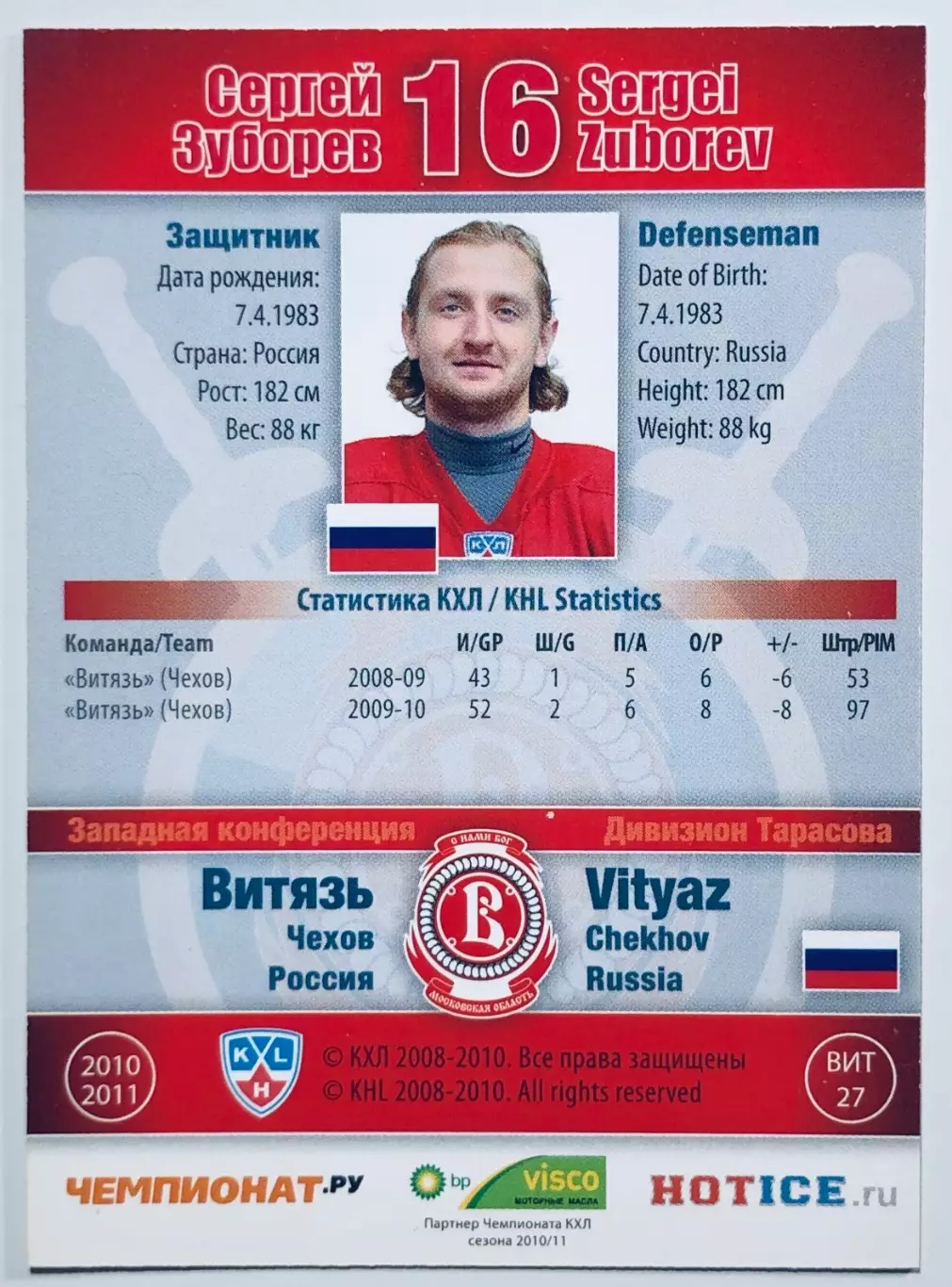 Карточка Сергей Зуборев ХК Витязь Чехов 1