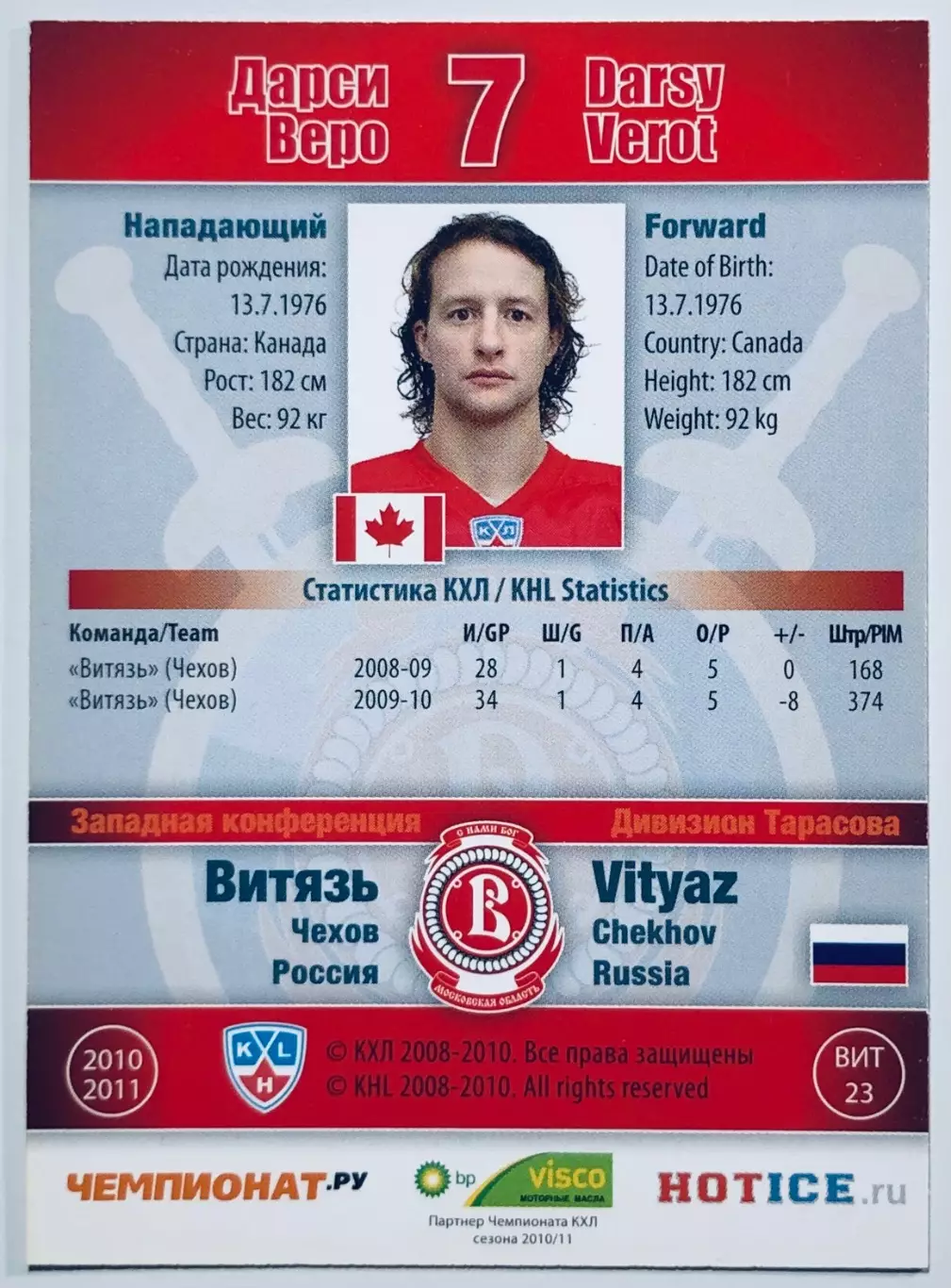 Карточка Дарси Веро ХК Витязь Чехов 1