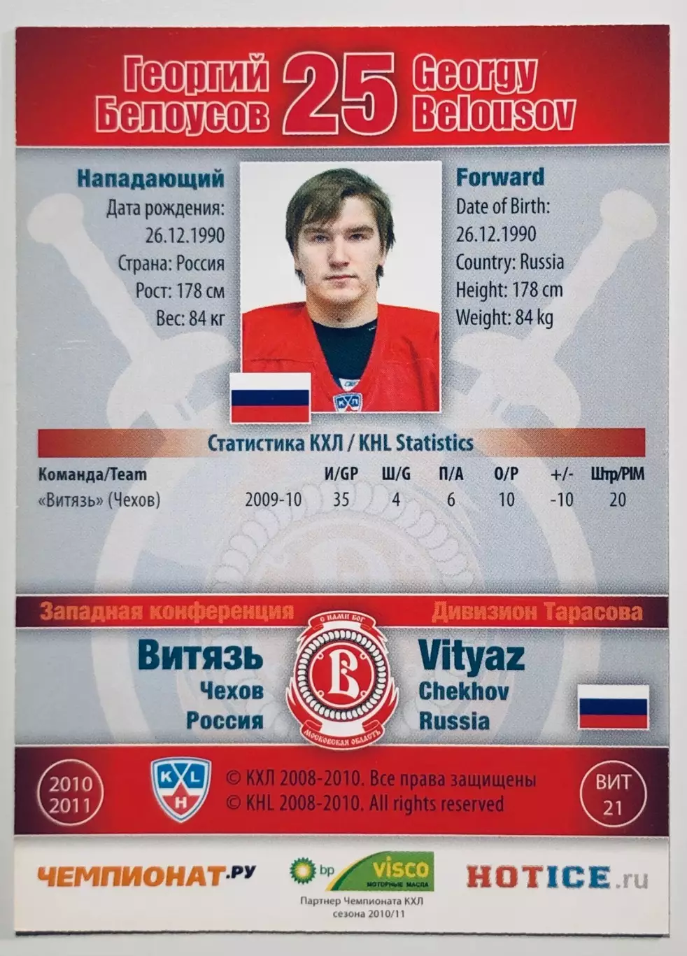Карточка Георгий Белоусов ХК Витязь Чехов 1