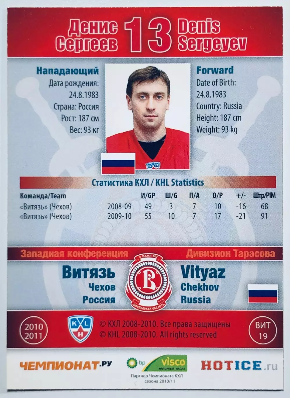 Карточка Денис Сергеев ХК Витязь Чехов 1