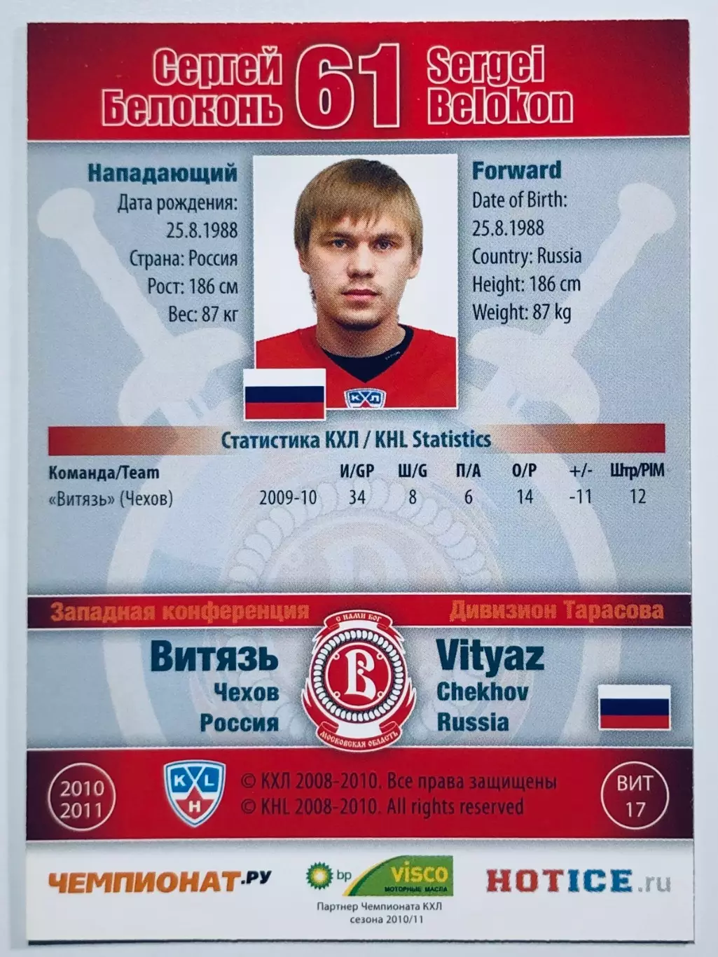 Карточка Сергей Белоконь ХК Витязь Чехов 1