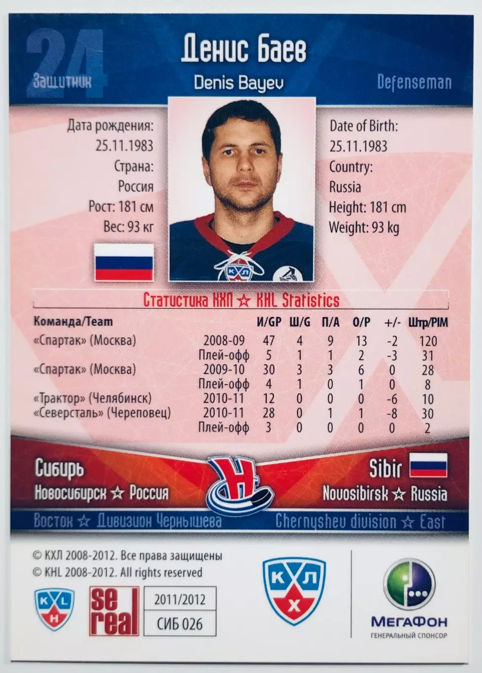Карточка Денис Баев ХК Сибирь Новосибирск 1