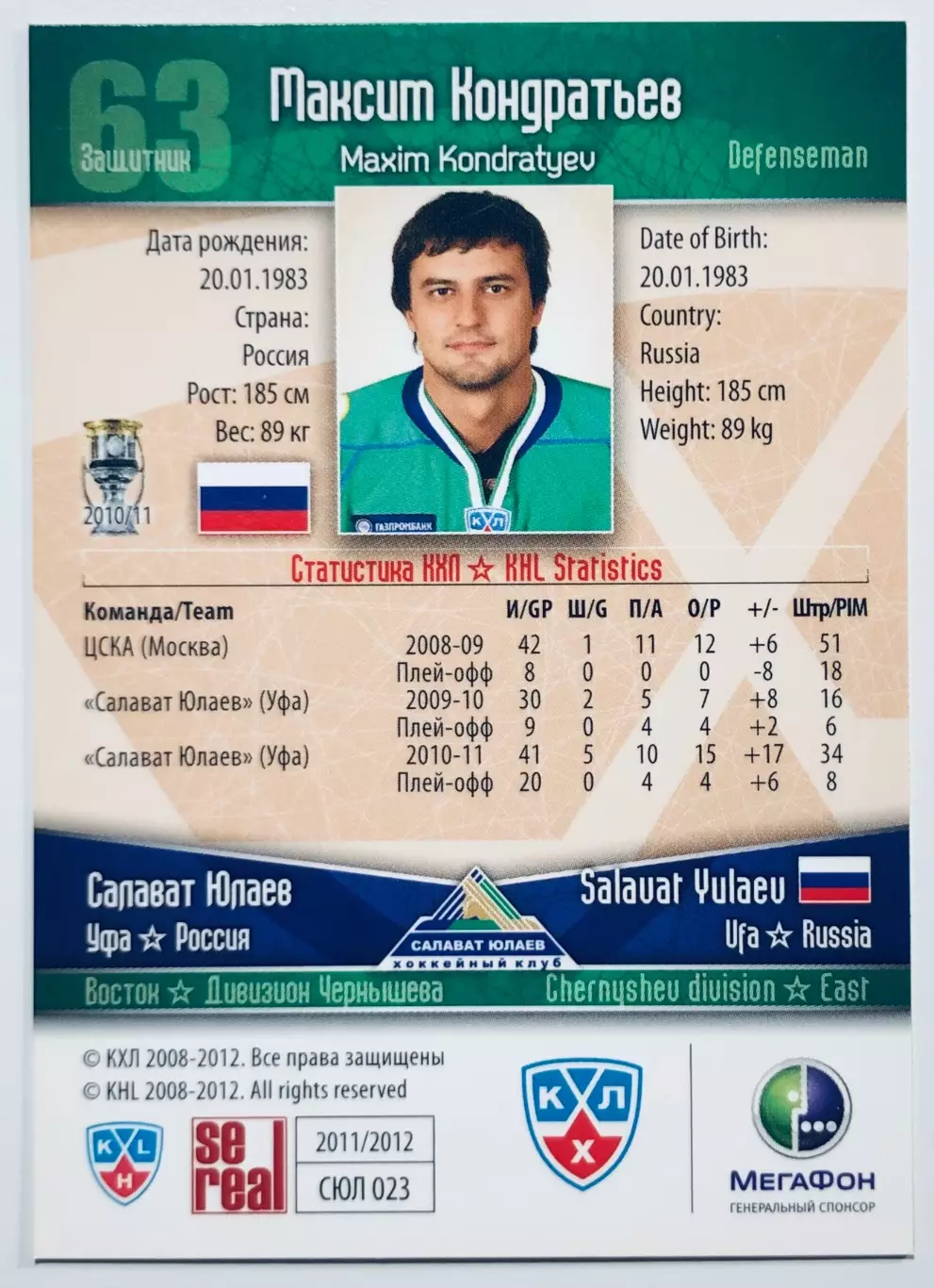 Карточка Максим Кондратьев ХК Салават Юлаев Уфа 1