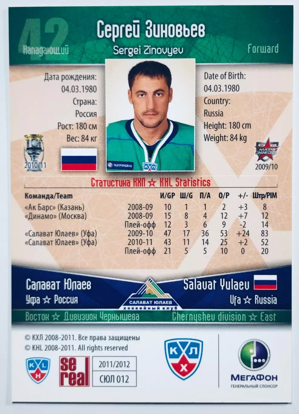 Карточка Сергей Зиновьев ХК Салават Юлаев Уфа 1