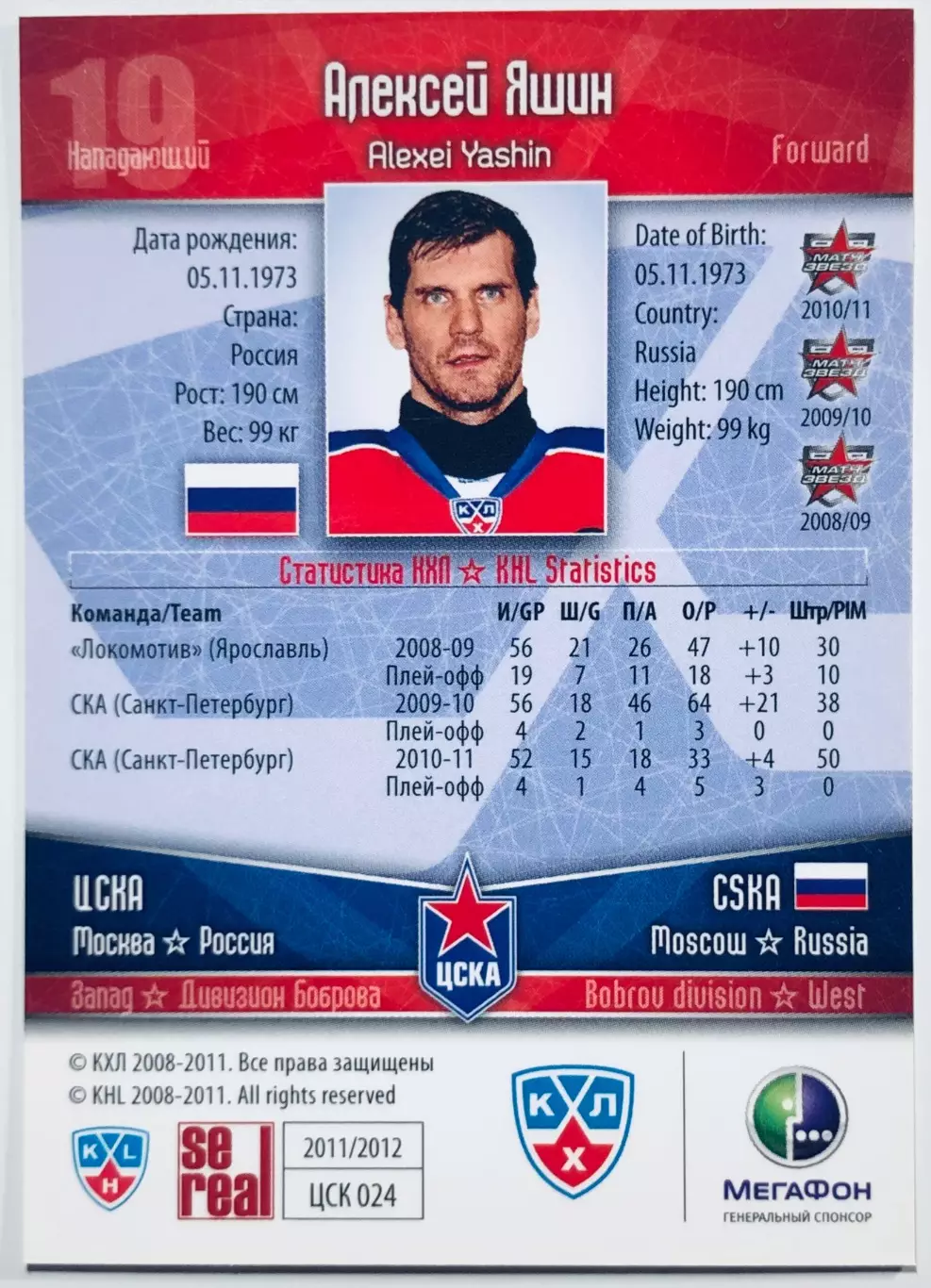 Карточка Алексей Яшин ХК ЦСКА Москва 1