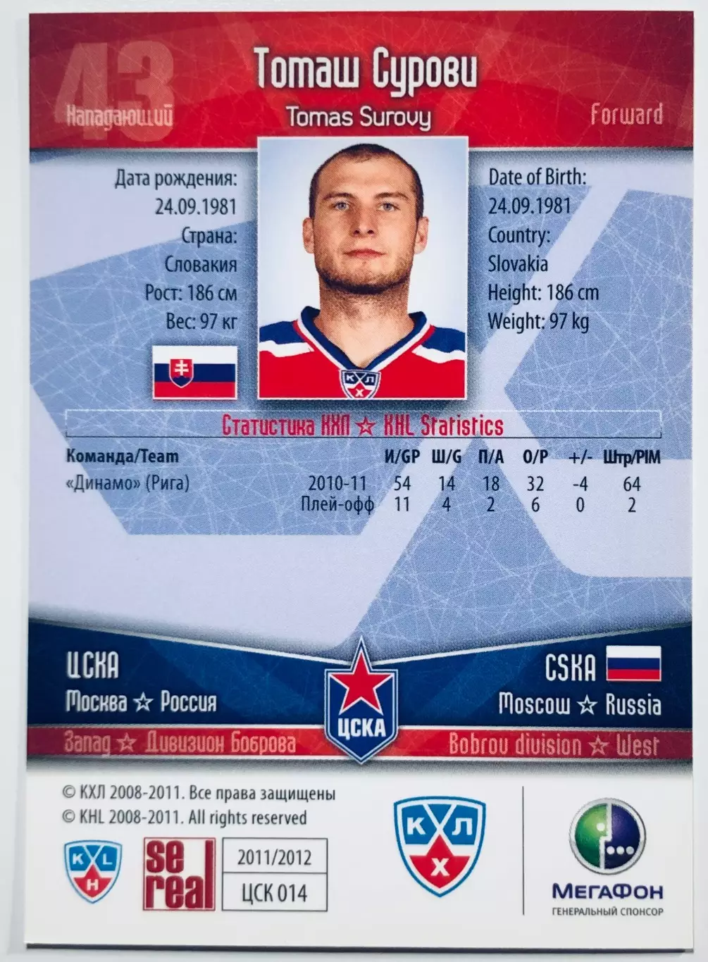 Карточка Томаш Сурови ХК ЦСКА Москва 1