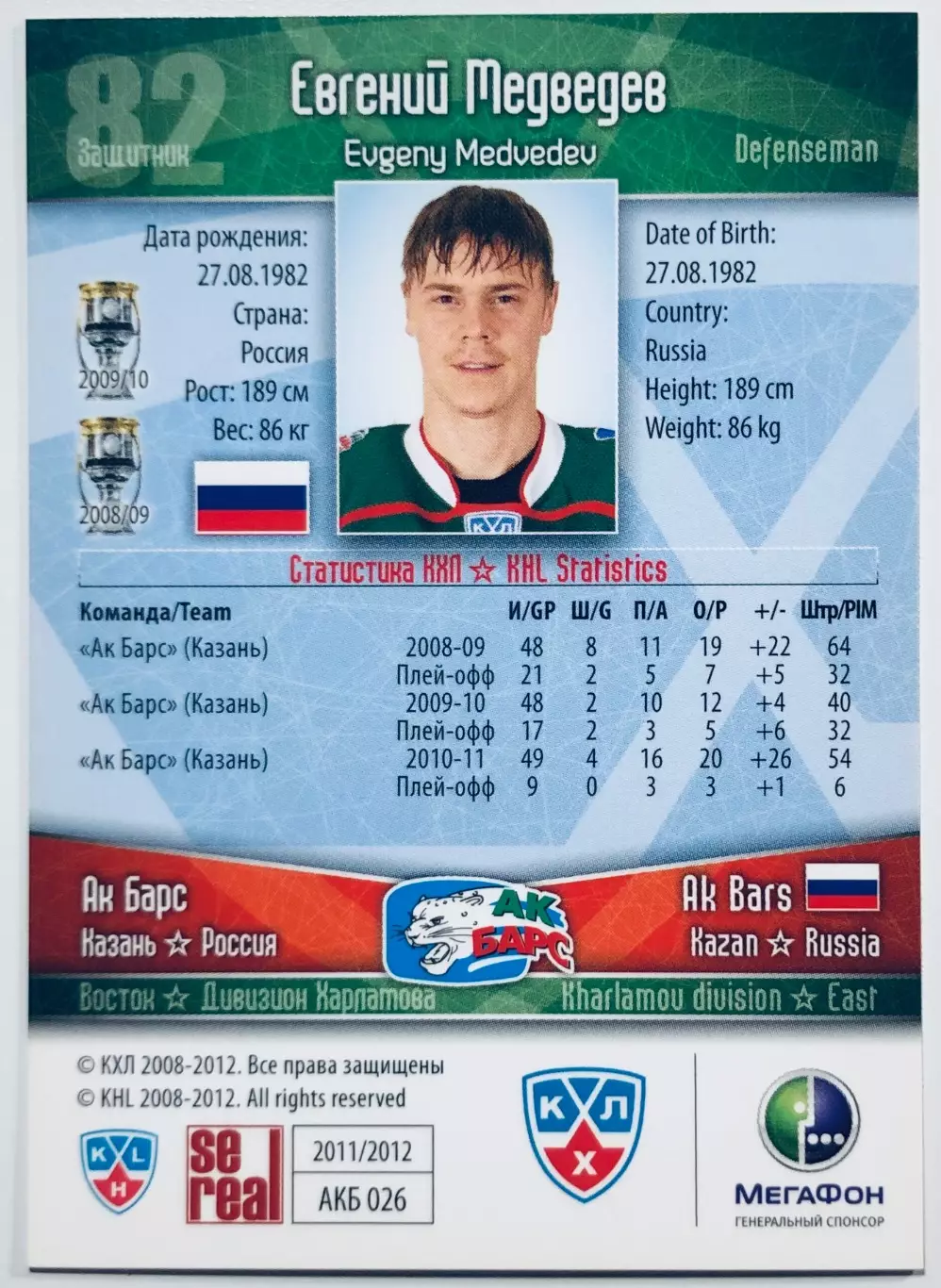 Карточка Евгений Медведев ХК “Ак Барс” Казань 1