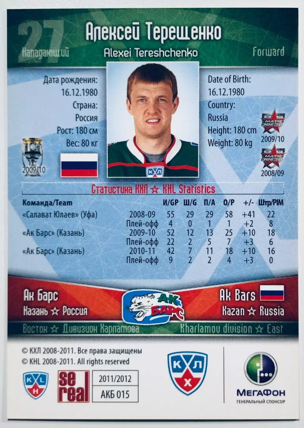Карточка Алексей Терещенко ХК Ак Барс Казань 1