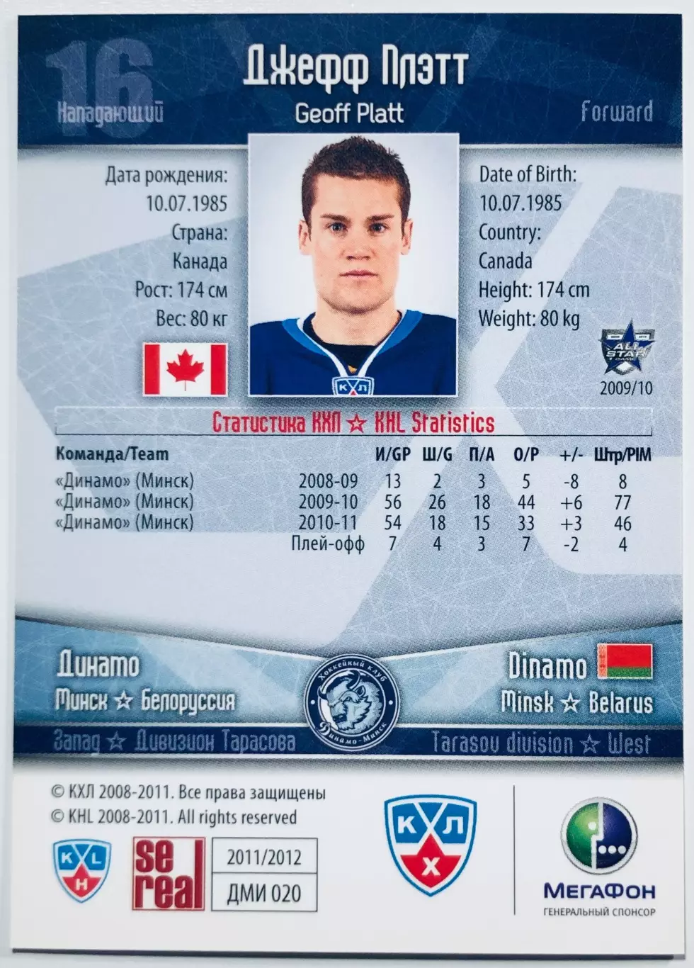 Карточка Джефф Плэтт ХК Динамо Минск 1