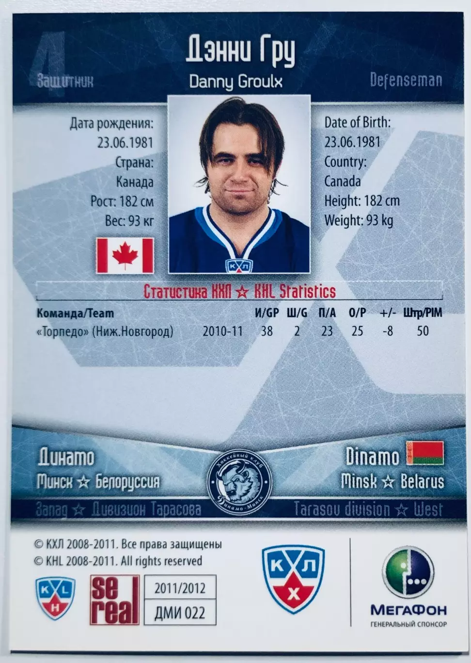 Карточка Дэнни Гру ХК Динамо Минск 1