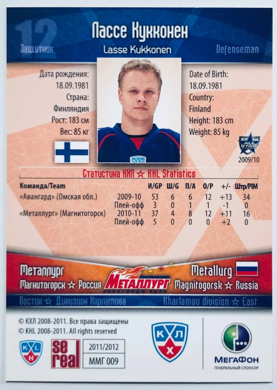 Карточка Лассе Кукконен ХК Металлург Магнитогорск 1